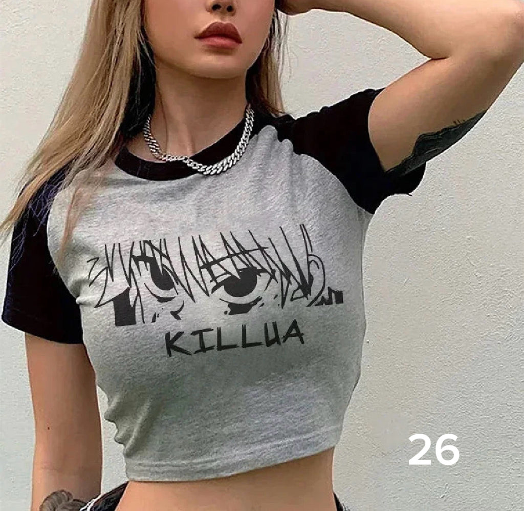 90s Anime Crop Top T-shirt Hunter X Hunter Tees Cropped Harajuku Cartoon Killua Tshirt Funny Hisoka T Shirt Tops Y2k Manga